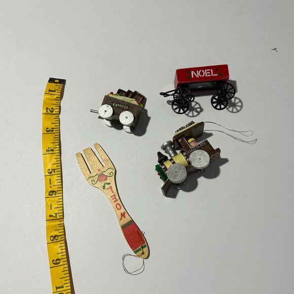 VTG 80s Wooden Christmas Ornament Lot, 4pc- Hershey, Fork, Wagon - Picture 2 of 4